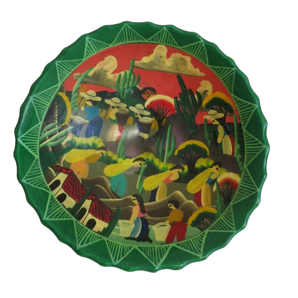 Vintage Handmade Painted Mexican Folk Art Footed Clay Glazed Bowl 8"‎